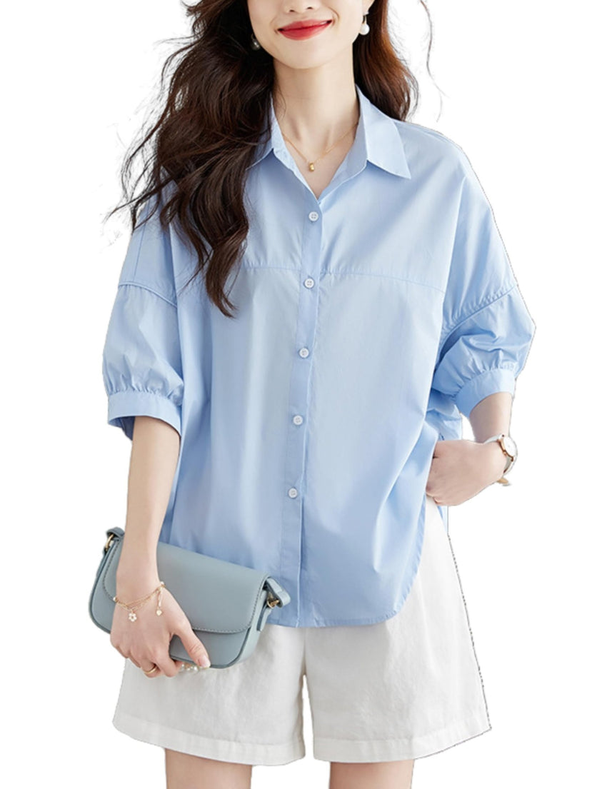 Unilexi Womens 2025 Summer 3/4 Sleeve Button Down Shirt Casual Collar Loose Blouse Tops with Bilateral Folds - 7DAY'S