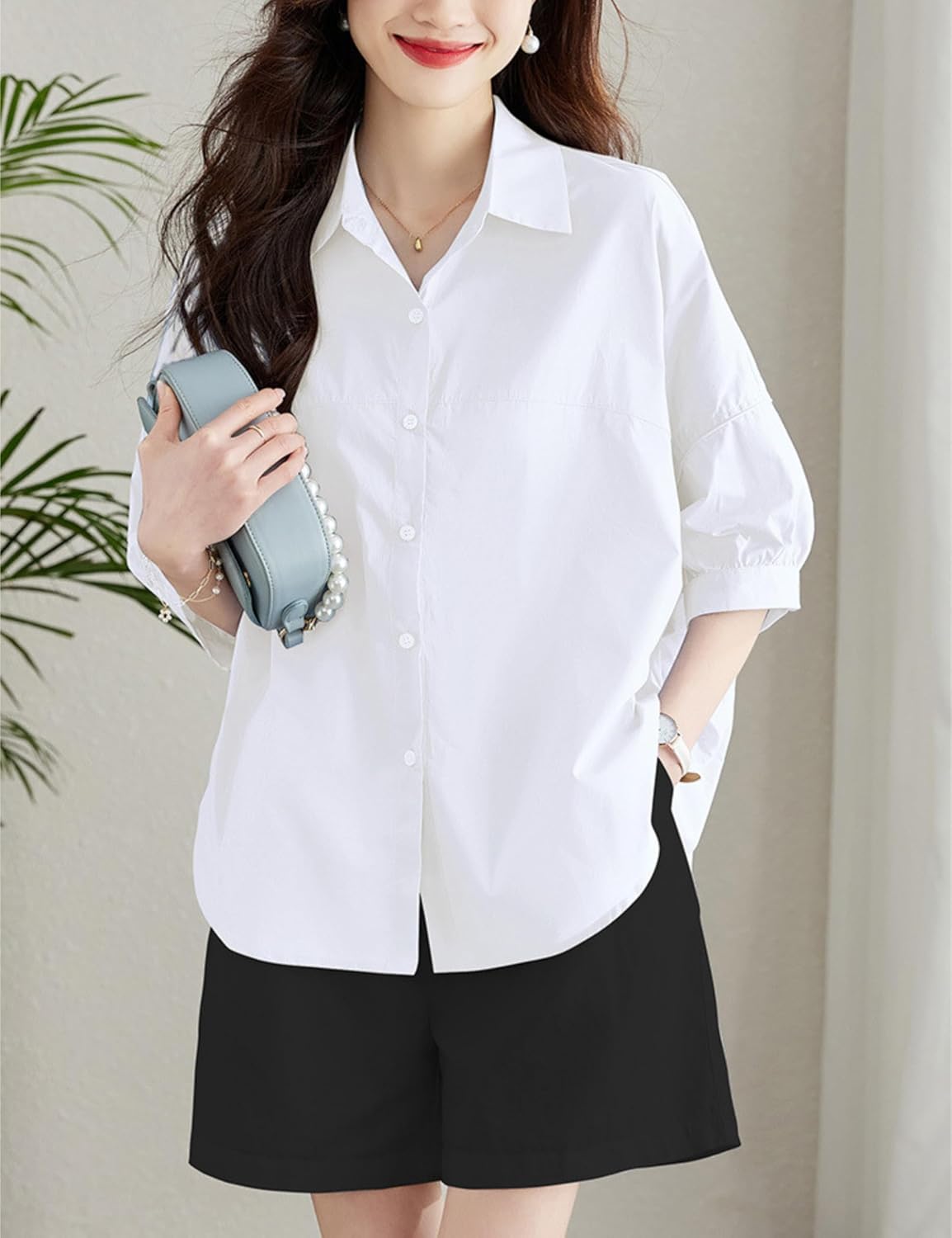 Unilexi Womens 2025 Summer 3/4 Sleeve Button Down Shirt Casual Collar Loose Blouse Tops with Bilateral Folds - 7DAY'S