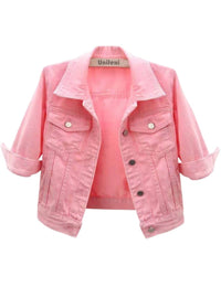 Unilexi Women's 3/4 Sleeve Colored Cropped Denim Jacket Light Wash Short Jean Jacket Trucker Coat - 7DAY'S