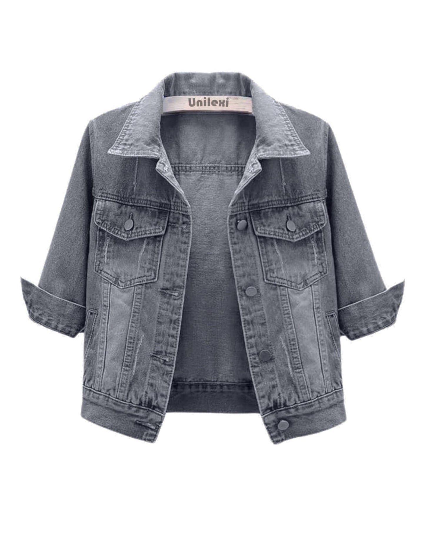Unilexi Women's 3/4 Sleeve Colored Cropped Denim Jacket Light Wash Short Jean Jacket Trucker Coat - 7DAY'S
