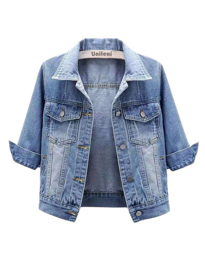 Unilexi Women's 3/4 Sleeve Colored Cropped Denim Jacket Light Wash Short Jean Jacket Trucker Coat - 7DAY'S