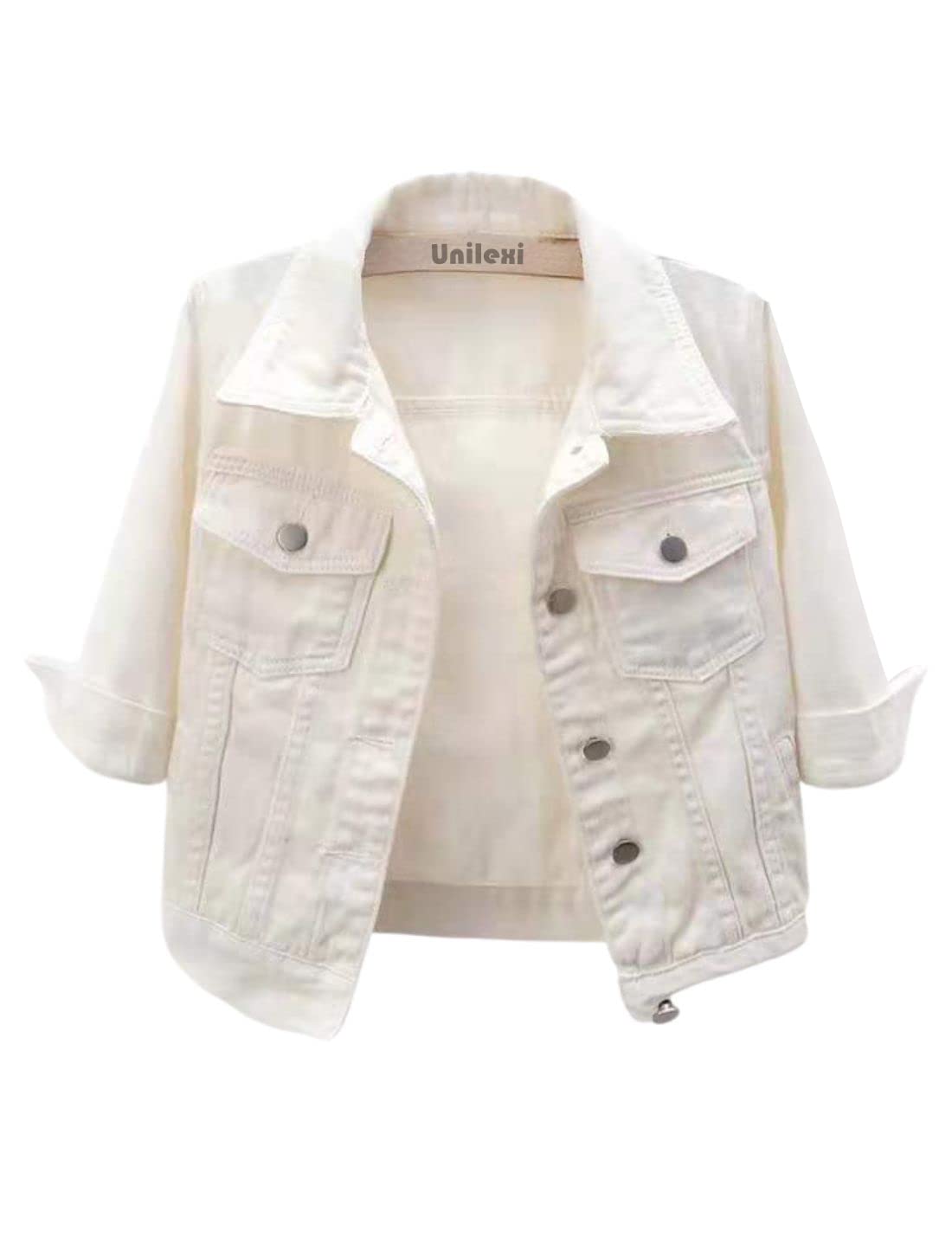 Unilexi Women's 3/4 Sleeve Colored Cropped Denim Jacket Light Wash Short Jean Jacket Trucker Coat - 7DAY'S