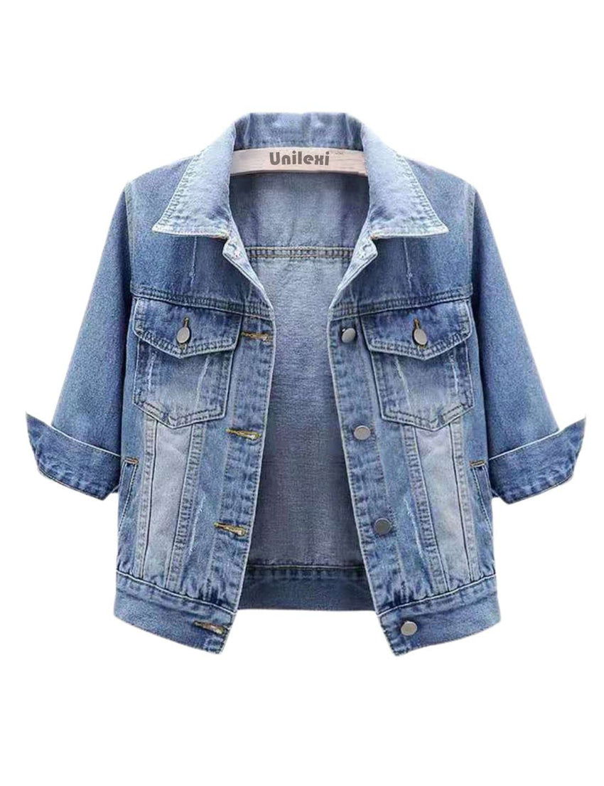 Unilexi Women's 3/4 Sleeve Colored Cropped Denim Jacket Light Wash Short Jean Jacket Trucker Coat - 7DAY'S