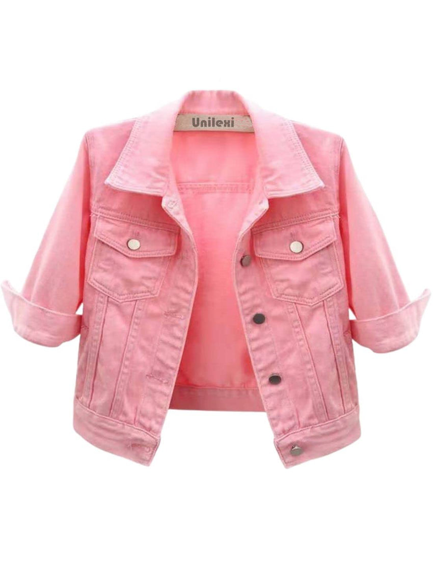 Unilexi Women's 3/4 Sleeve Colored Cropped Denim Jacket Light Wash Short Jean Jacket Trucker Coat - 7DAY'S