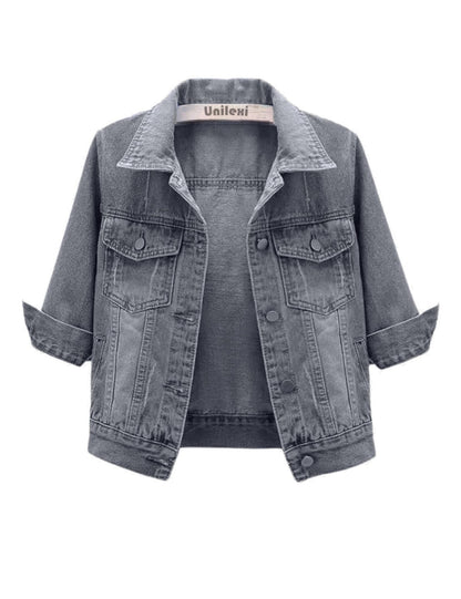 Unilexi Women's 3/4 Sleeve Colored Cropped Denim Jacket Light Wash Short Jean Jacket Trucker Coat - 7DAY'S