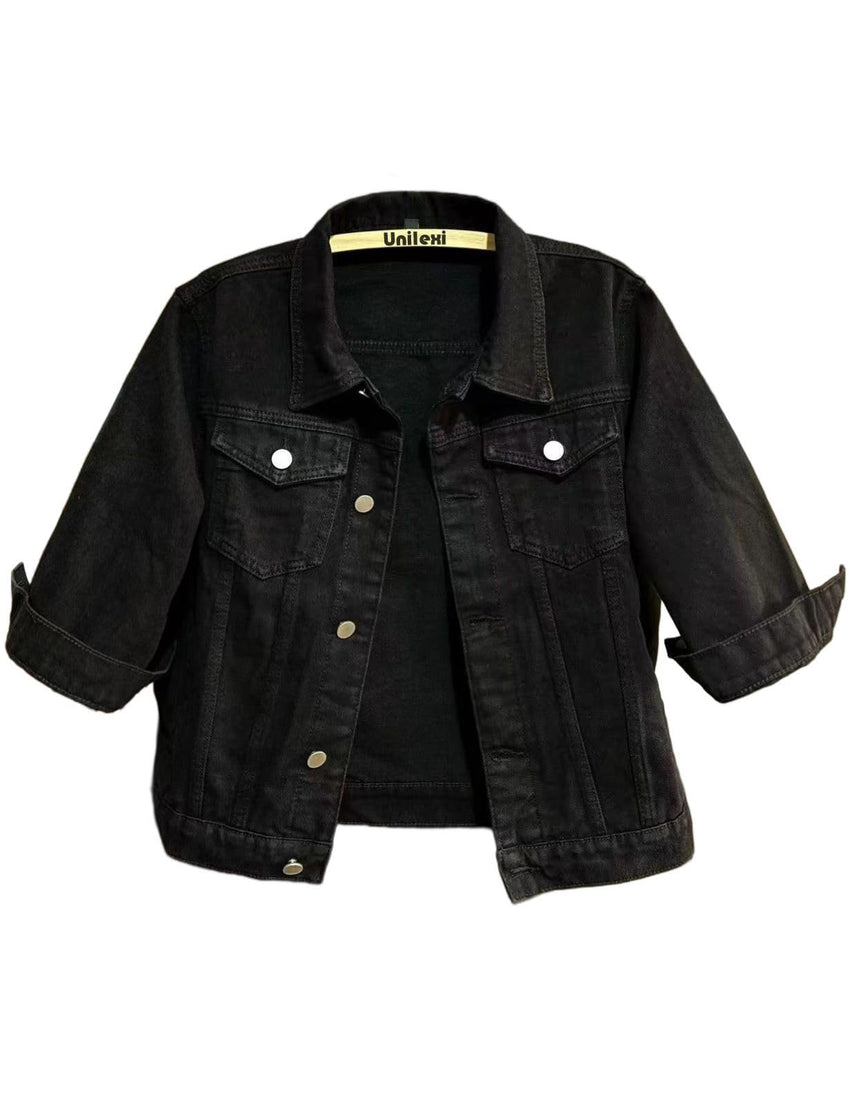 Unilexi Women's 3/4 Sleeve Colored Cropped Denim Jacket Light Wash Short Jean Jacket Trucker Coat - 7DAY'S