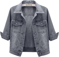 Unilexi Women's 3/4 Sleeve Colored Cropped Denim Jacket Light Wash Short Jean Jacket Trucker Coat - 7DAY'S