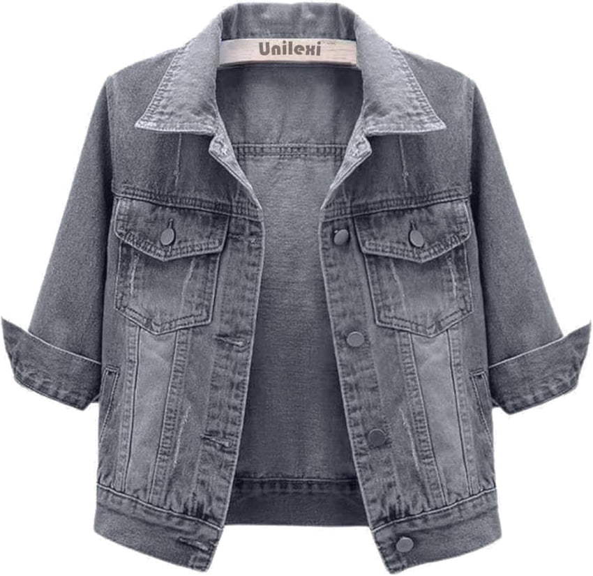 Unilexi Women's 3/4 Sleeve Colored Cropped Denim Jacket Light Wash Short Jean Jacket Trucker Coat - 7DAY'S