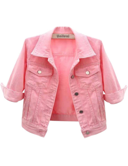 Unilexi Women's 3/4 Sleeve Colored Cropped Denim Jacket Light Wash Short Jean Jacket Trucker Coat - 7DAY'S
