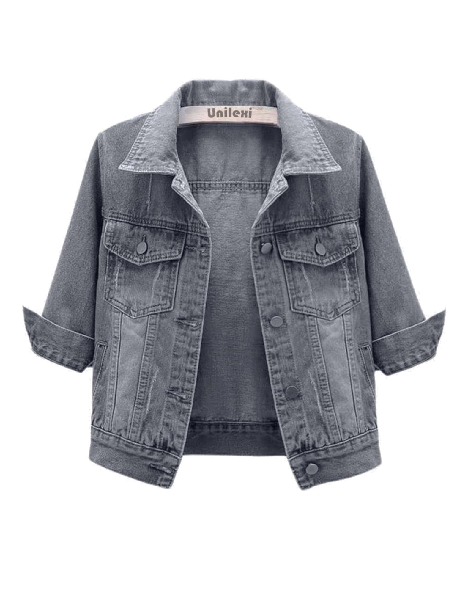 Unilexi Women's 3/4 Sleeve Colored Cropped Denim Jacket Light Wash Short Jean Jacket Trucker Coat - 7DAY'S