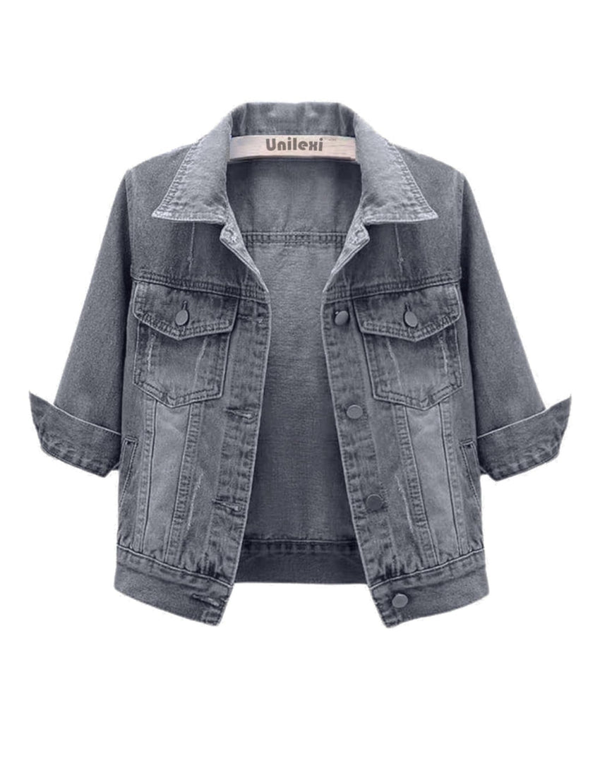 Unilexi Women's 3/4 Sleeve Colored Cropped Denim Jacket Light Wash Short Jean Jacket Trucker Coat - 7DAY'S