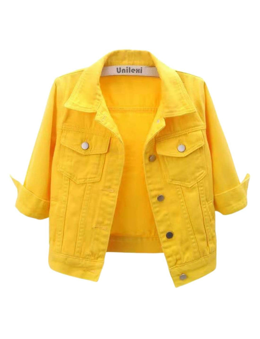 Unilexi Women's 3/4 Sleeve Colored Cropped Denim Jacket Light Wash Short Jean Jacket Trucker Coat - 7DAY'S