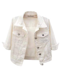 Unilexi Women's 3/4 Sleeve Colored Cropped Denim Jacket Light Wash Short Jean Jacket Trucker Coat - 7DAY'S