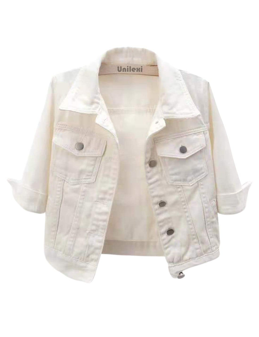 Unilexi Women's 3/4 Sleeve Colored Cropped Denim Jacket Light Wash Short Jean Jacket Trucker Coat - 7DAY'S
