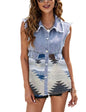 Unilexi Women's Aztec Denim Vest Distressed Lapel Button Down Cropped Jean Vest Sleeveless Jean Jacket - 7DAY'S