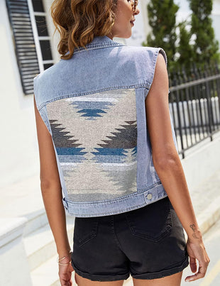 Unilexi Women's Aztec Denim Vest Distressed Lapel Button Down Cropped Jean Vest Sleeveless Jean Jacket - 7DAY'S