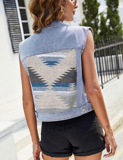 Unilexi Women's Aztec Denim Vest Distressed Lapel Button Down Cropped Jean Vest Sleeveless Jean Jacket - 7DAY'S