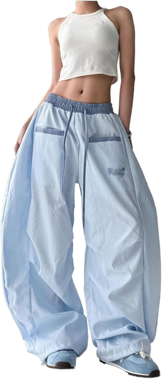 Unilexi Women's Baggy Hip Hop Pants Y2K Cargo Pants Wide Leg Elastic Waist Parachute Sweatpants Casual Curved Trousers - 7DAY'S