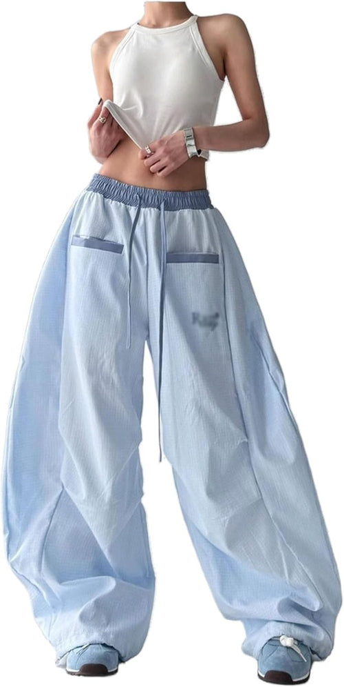 Unilexi Women's Baggy Hip Hop Pants Y2K Cargo Pants Wide Leg Elastic Waist Parachute Sweatpants Casual Curved Trousers - 7DAY'S