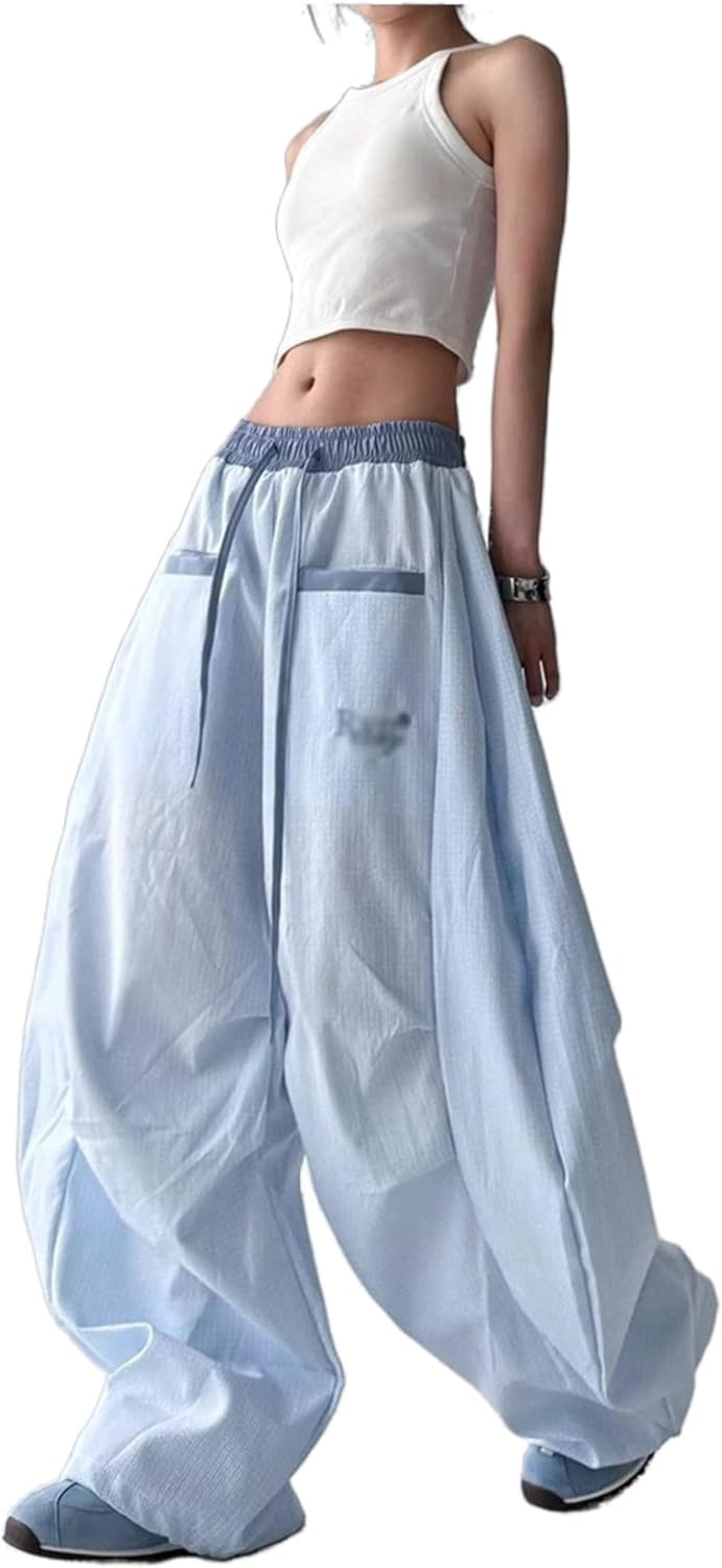 Unilexi Women's Baggy Hip Hop Pants Y2K Cargo Pants Wide Leg Elastic Waist Parachute Sweatpants Casual Curved Trousers - 7DAY'S