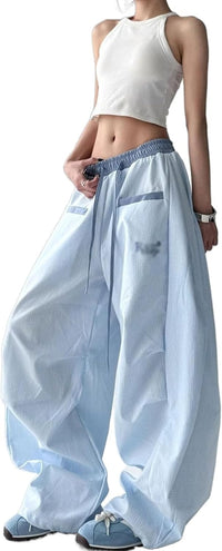 Unilexi Women's Baggy Hip Hop Pants Y2K Cargo Pants Wide Leg Elastic Waist Parachute Sweatpants Casual Curved Trousers - 7DAY'S