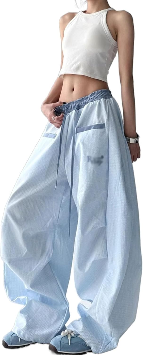 Unilexi Women's Baggy Hip Hop Pants Y2K Cargo Pants Wide Leg Elastic Waist Parachute Sweatpants Casual Curved Trousers - 7DAY'S