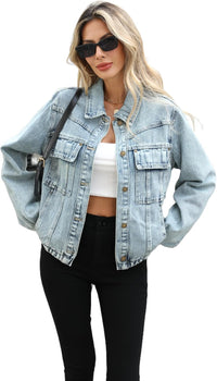 Unilexi Womens Basic Long Sleeve Denim Jackets Trendy Button Down Jean Jacket Casual Trucker Jackets With Pockets - 7DAY'S