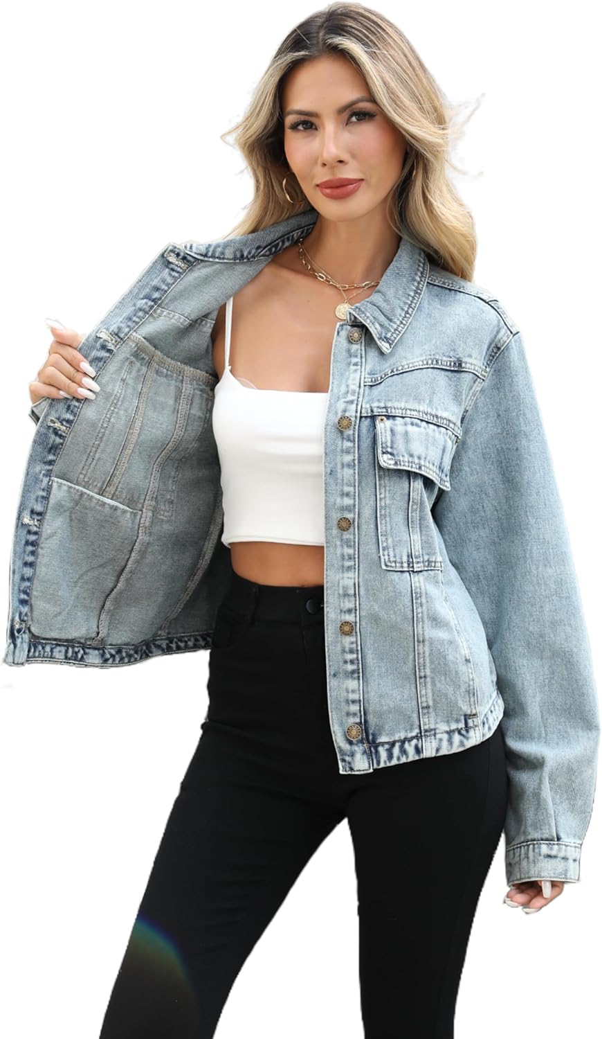 Unilexi Womens Basic Long Sleeve Denim Jackets Trendy Button Down Jean Jacket Casual Trucker Jackets With Pockets - 7DAY'S