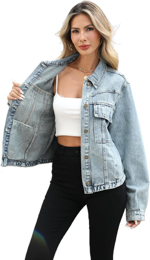 Unilexi Womens Basic Long Sleeve Denim Jackets Trendy Button Down Jean Jacket Casual Trucker Jackets With Pockets - 7DAY'S