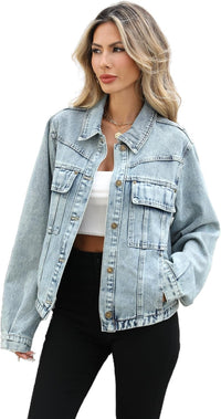 Unilexi Womens Basic Long Sleeve Denim Jackets Trendy Button Down Jean Jacket Casual Trucker Jackets With Pockets - 7DAY'S