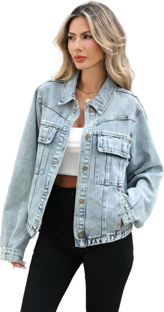 Unilexi Womens Basic Long Sleeve Denim Jackets Trendy Button Down Jean Jacket Casual Trucker Jackets With Pockets - 7DAY'S