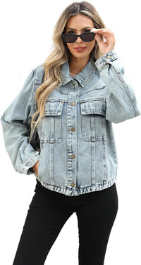 Unilexi Womens Basic Long Sleeve Denim Jackets Trendy Button Down Jean Jacket Casual Trucker Jackets With Pockets - 7DAY'S