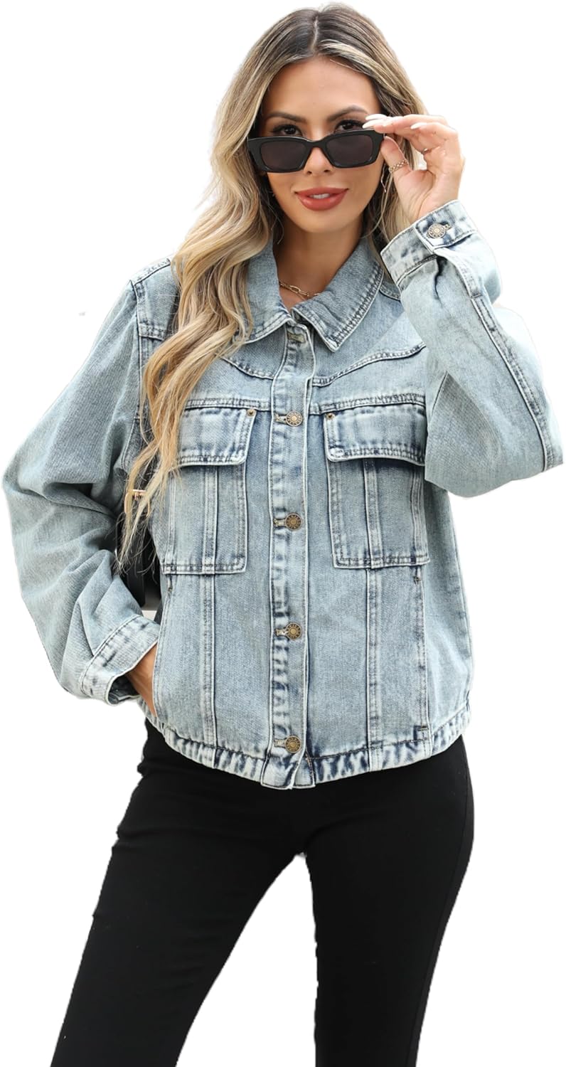 Unilexi Womens Basic Long Sleeve Denim Jackets Trendy Button Down Jean Jacket Casual Trucker Jackets With Pockets - 7DAY'S