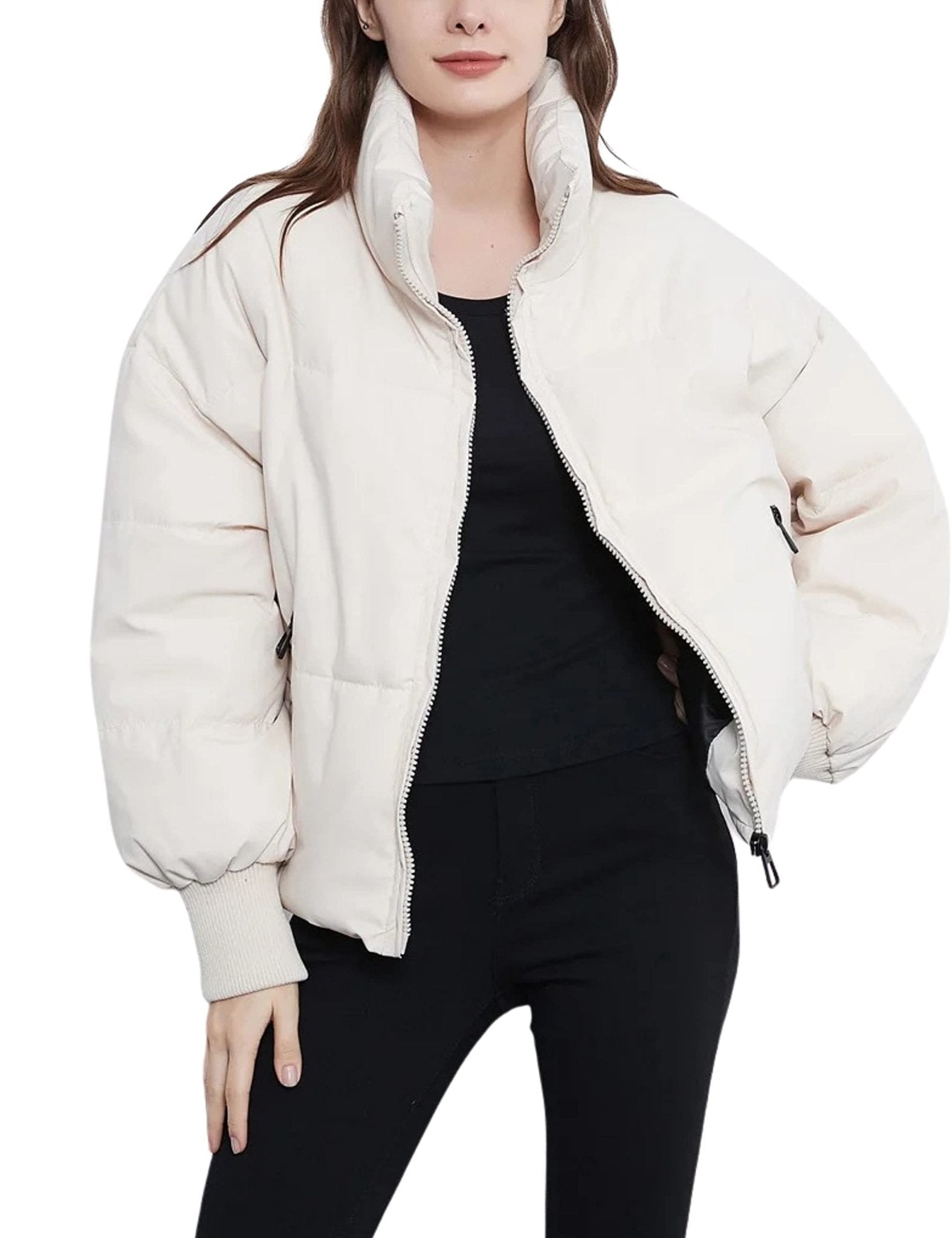 Unilexi Womens Casual Cropped Puffer Jackets Oversized Padded Stand Collar Winter Coats - 7DAY'S