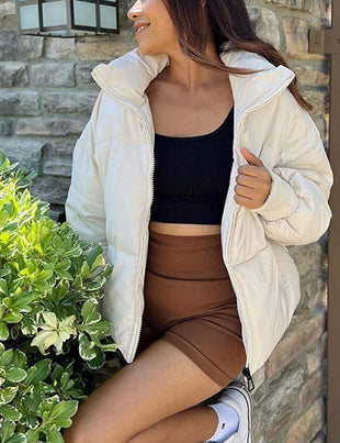Unilexi Womens Casual Cropped Puffer Jackets Oversized Padded Stand Collar Winter Coats - 7DAY'S