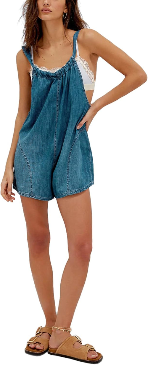 Unilexi Womens Casual Denim Backless Shorts Romper Loose Adjustable Straps Jeans Shorts Overalls with Pockets - 7DAY'S