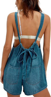 Unilexi Womens Casual Denim Backless Shorts Romper Loose Adjustable Straps Jeans Shorts Overalls with Pockets - 7DAY'S