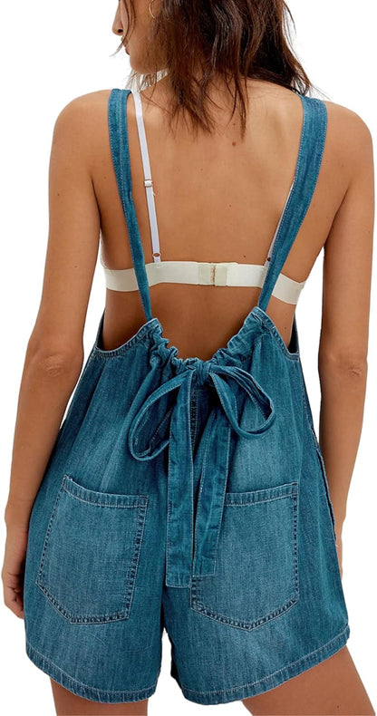 Unilexi Womens Casual Denim Backless Shorts Romper Loose Adjustable Straps Jeans Shorts Overalls with Pockets - 7DAY'S