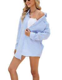 Unilexi Womens Casual Lapel Striped Button Down Shirt Long Sleeve Oversized Boyfriend Shirt Fall Work Blouses with Pockets - 7DAY'S
