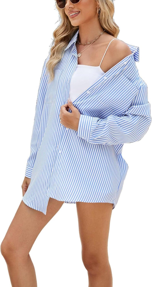 Unilexi Womens Casual Lapel Striped Button Down Shirt Long Sleeve Oversized Boyfriend Shirt Fall Work Blouses with Pockets - 7DAY'S