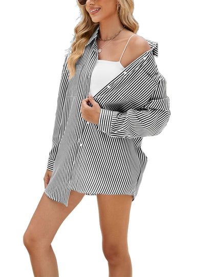 Unilexi Womens Casual Lapel Striped Button Down Shirt Long Sleeve Oversized Boyfriend Shirt Fall Work Blouses with Pockets - 7DAY'S