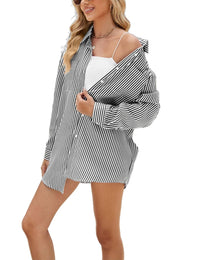 Unilexi Womens Casual Lapel Striped Button Down Shirt Long Sleeve Oversized Boyfriend Shirt Fall Work Blouses with Pockets - 7DAY'S