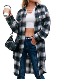 Unilexi Womens Casual Long Plaid Flannel Shackets Long Sleeve Lapel Thin Coat Button Down Oversize Shirt Jacket - 7DAY'S