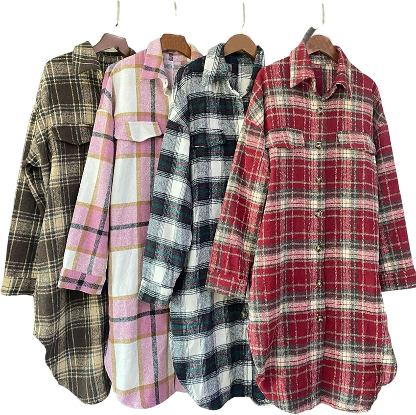 Unilexi Womens Casual Long Plaid Flannel Shackets Long Sleeve Lapel Thin Coat Button Down Oversize Shirt Jacket - 7DAY'S
