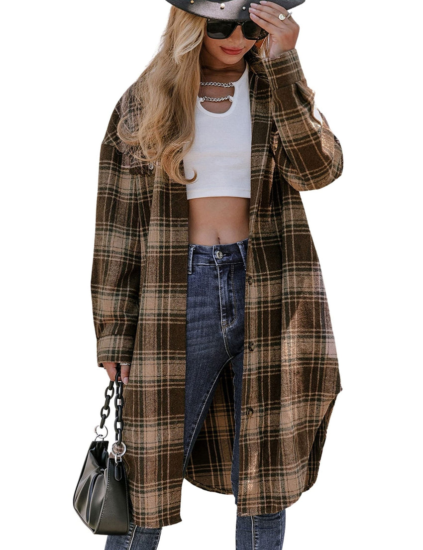 Unilexi Womens Casual Long Plaid Flannel Shackets Long Sleeve Lapel Thin Coat Button Down Oversize Shirt Jacket - 7DAY'S