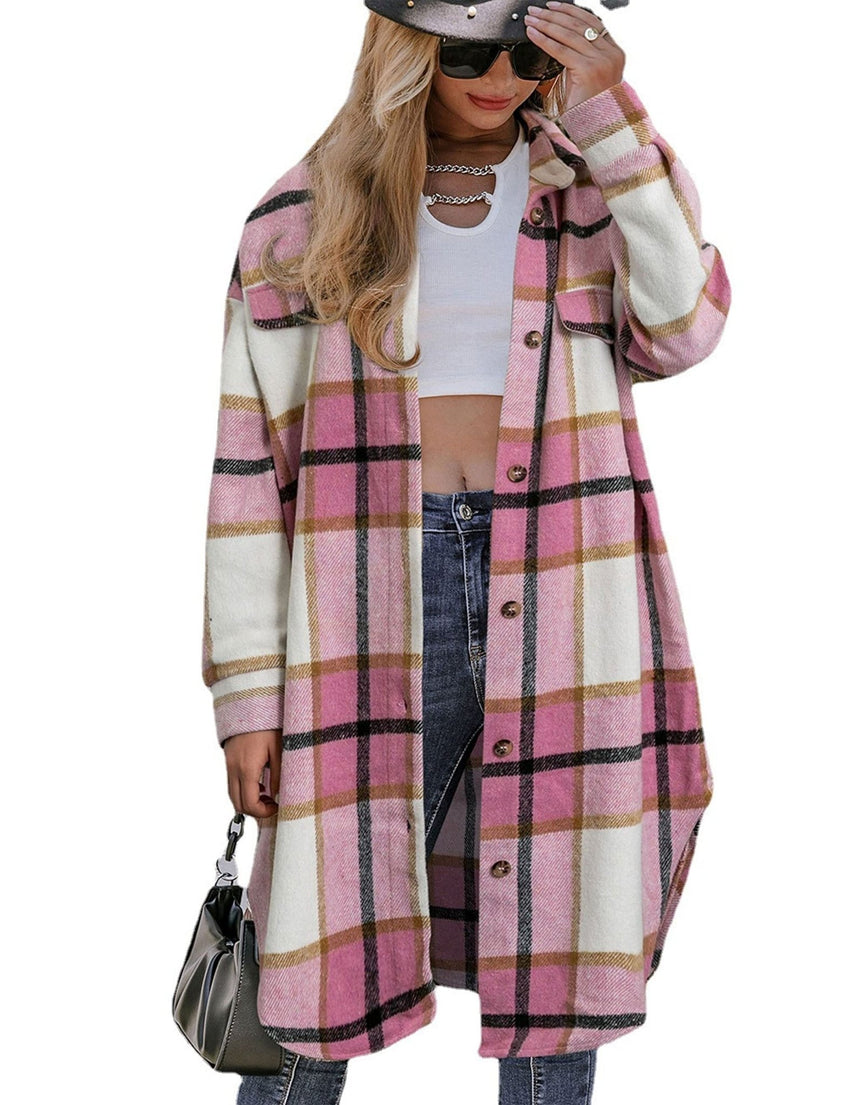 Unilexi Womens Casual Long Plaid Flannel Shackets Long Sleeve Lapel Thin Coat Button Down Oversize Shirt Jacket - 7DAY'S
