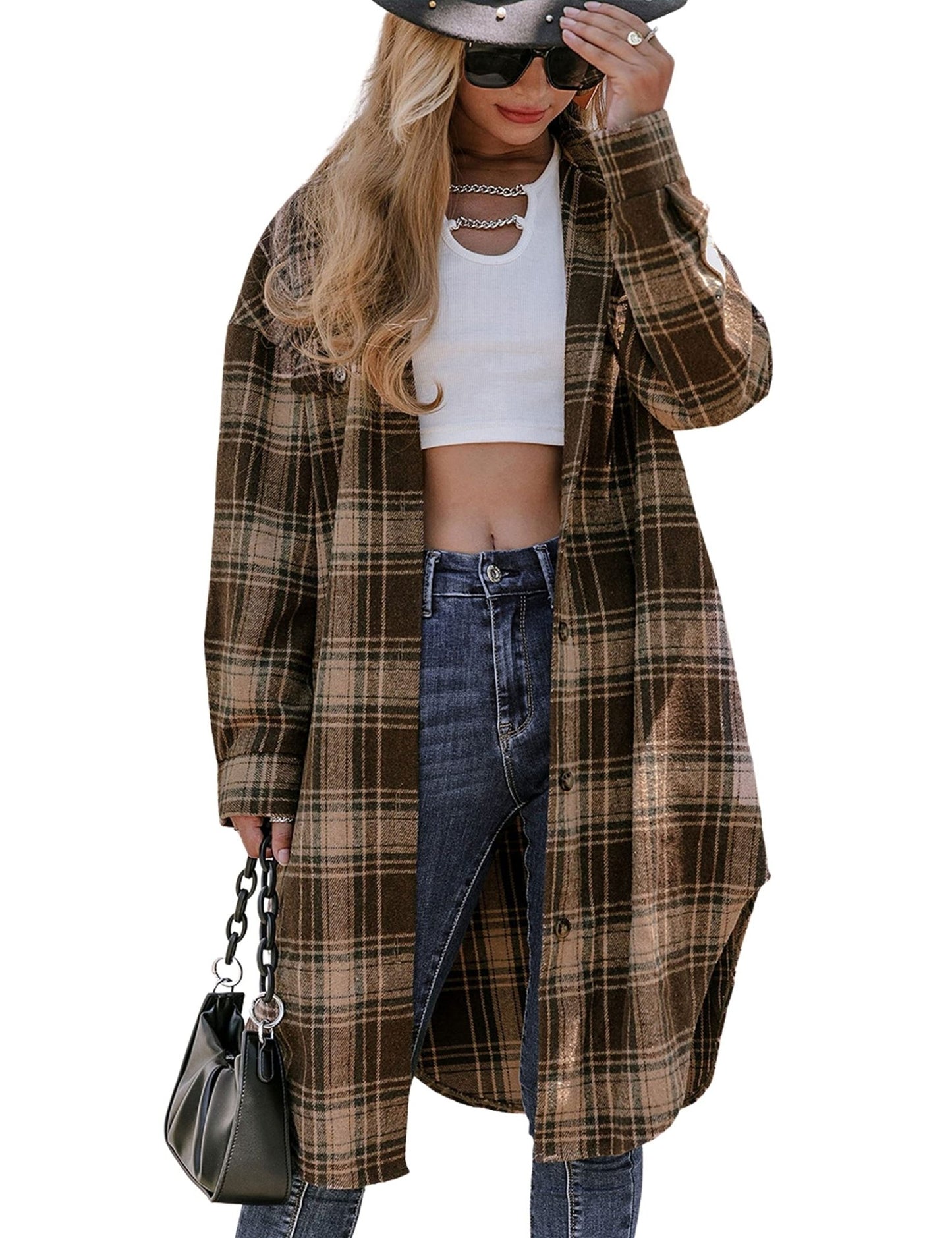 Unilexi Womens Casual Long Plaid Flannel Shackets Long Sleeve Lapel Thin Coat Button Down Oversize Shirt Jacket - 7DAY'S