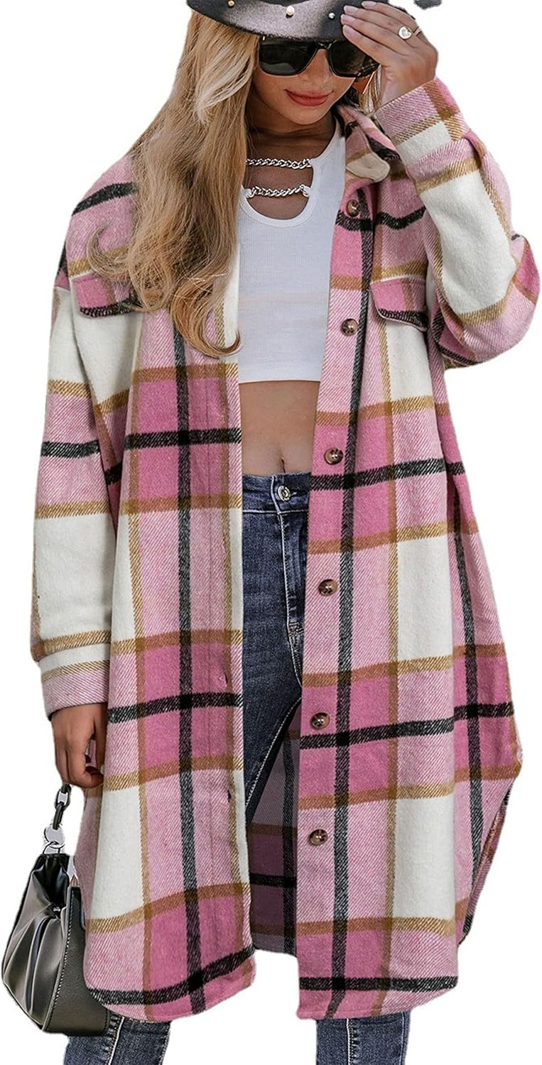 Unilexi Womens Casual Long Plaid Flannel Shackets Long Sleeve Lapel Thin Coat Button Down Oversize Shirt Jacket - 7DAY'S