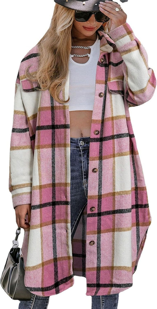 Unilexi Womens Casual Long Plaid Flannel Shackets Long Sleeve Lapel Thin Coat Button Down Oversize Shirt Jacket - 7DAY'S