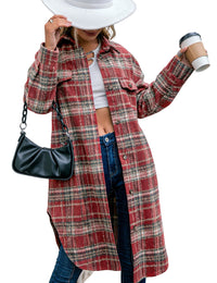 Unilexi Womens Casual Long Plaid Flannel Shackets Long Sleeve Lapel Thin Coat Button Down Oversize Shirt Jacket - 7DAY'S